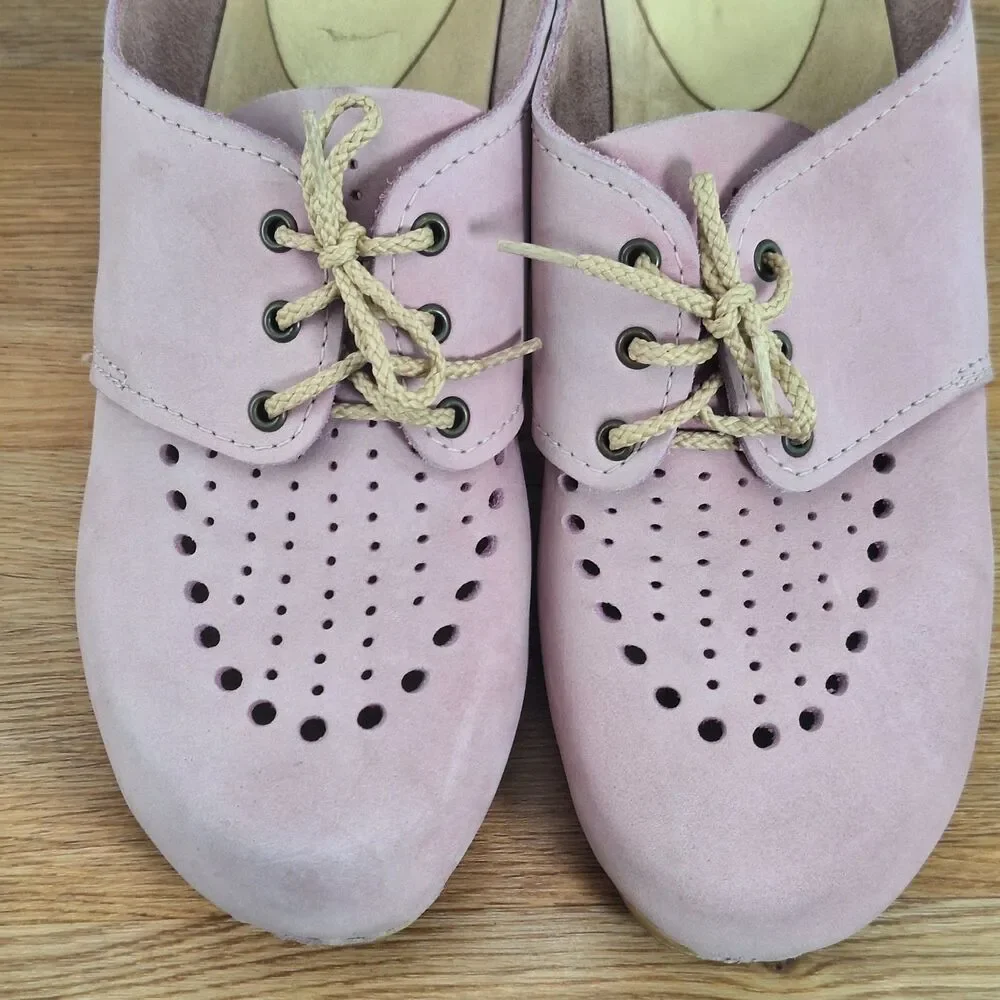 Sven Women's US 9.5-10 EU 40 Lace-Up Clogs Tan Pink Circle Punch Leather Sweden - Picture 8 of 11
